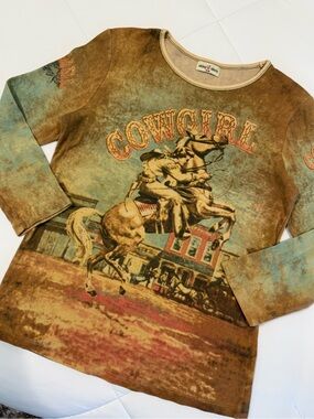 Vintage Y2K Skinny Minnie Cowgirl Western Rodeo Graphic Long Sleeve Top